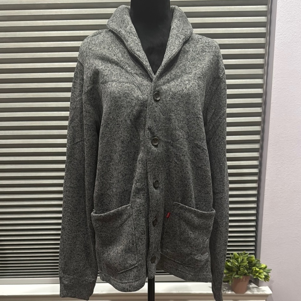 Levi's Gray Cardigan Sweater with V-Neck and Ribbed Trim